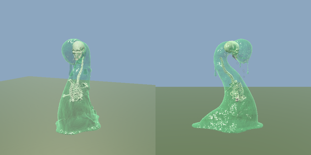 A translucent jelly slime with bones floating inside and a skull for a head