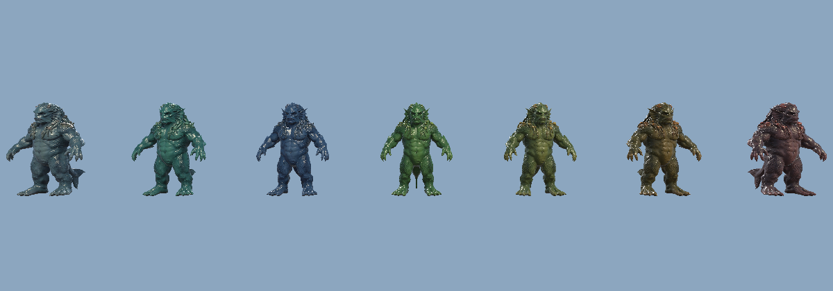 Seven Kragmor fish-folk in different fish colours