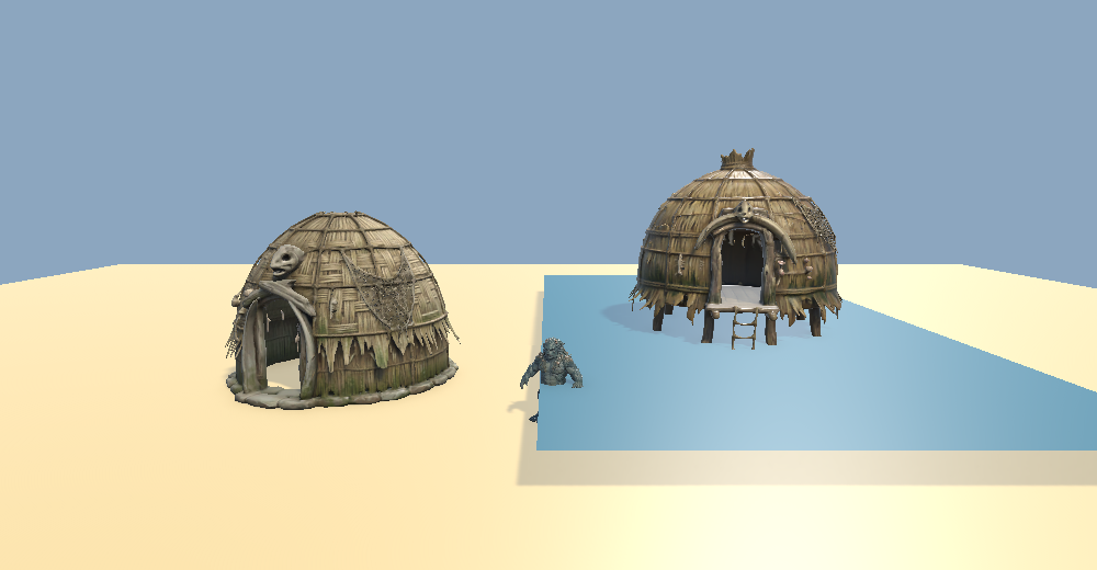 A Kragmor reed hut on the sand and a stilt hut in the shallows
